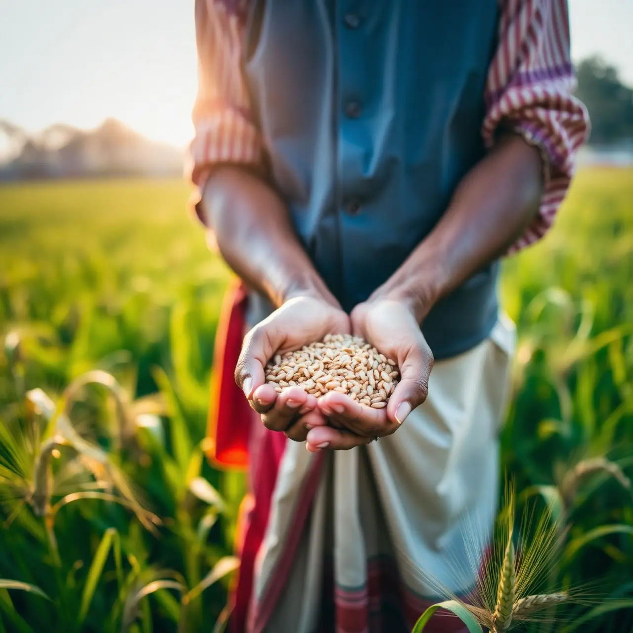 Farmer hands holding golden wheat grains